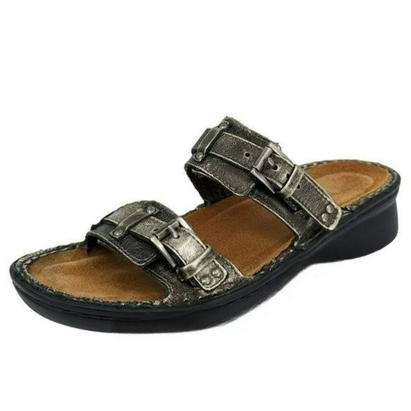 Naot Karaoke Wedge Sandal 37 6 Metallic Bronze Gold Strappy Side Buckle Open Toe - Picture 13 of 13